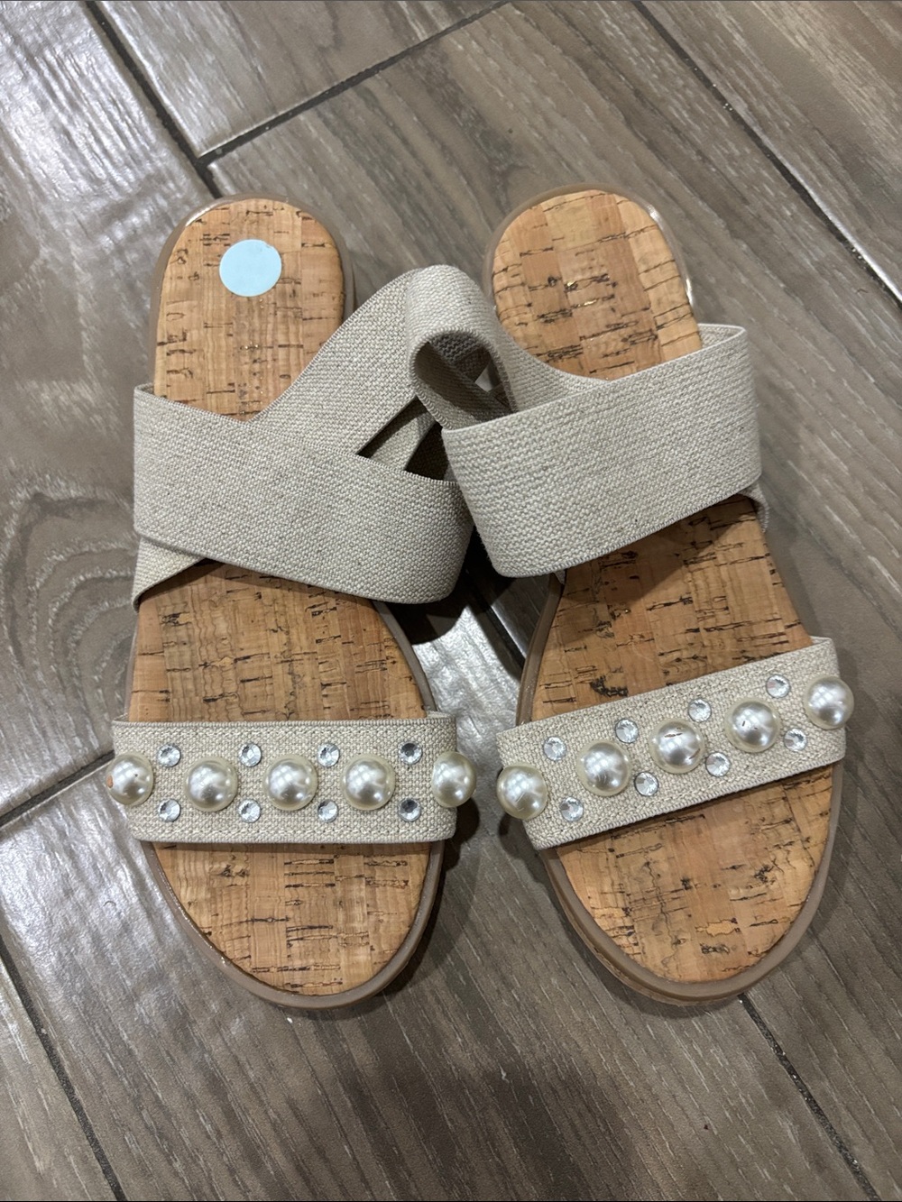 Anne Klein iflex Pearl-Embellished Cream Slide Sandals